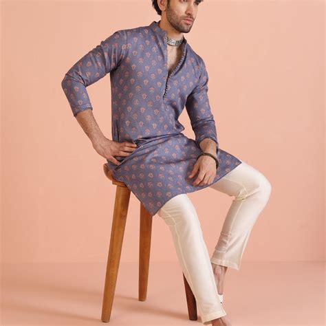 Men Grey Digital Print Kurta Trouser Set with Ethnic Motifs – Kisah
