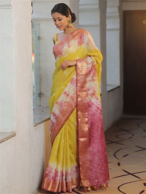 Bhagalpur Handloom Pure Linen Cotton Hand-Dyed Batik Pattern Saree & I