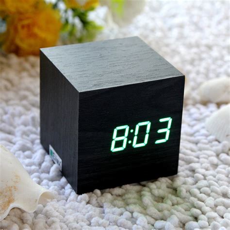 EiioX Cube Mini Green LED Black Skin Wooden Alarm Clock With ...