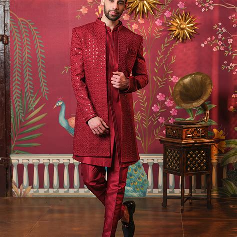 Maroon Self Highlighted Thread with Sequence work Raw Silk Indo Open J ...