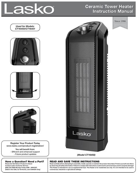 Lasko CT16450 Ceramic Tower Heater Instruction Manual