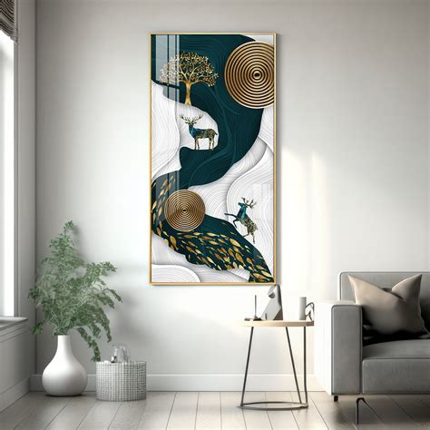 Buy Deer and Tree Glass Finish Vertical Wall Art Online @ Best Price in ...