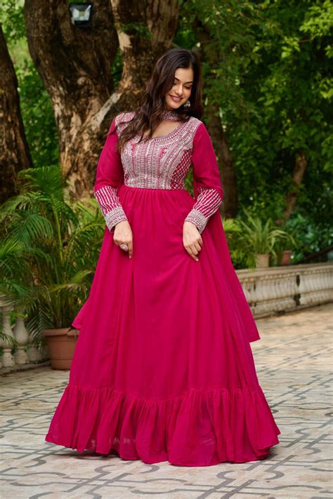 Pink Elegant Star Georgette Embroidered Gown with Dupatta