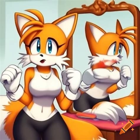 Female tails the fox looking in mirror wearing stylish outfit on Craiyon