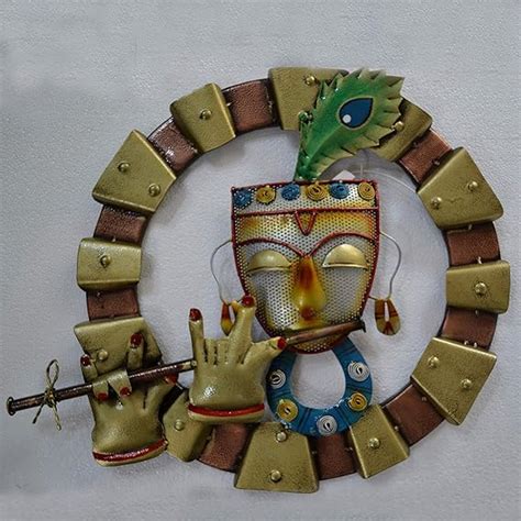 Metal Lord Krishna Wall Mounted Hanging Art Playing Flute Sculpture ...
