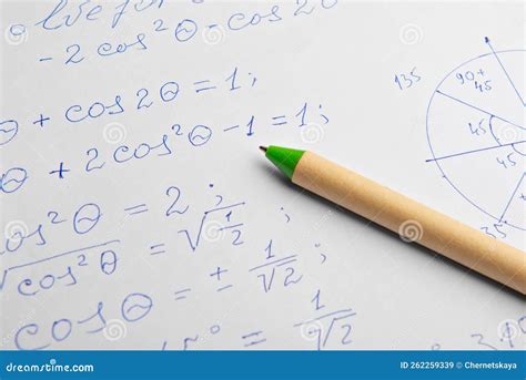 Paper with Written Mathematical Calculations and Pen, Closeup Stock Image - Image of physics ...