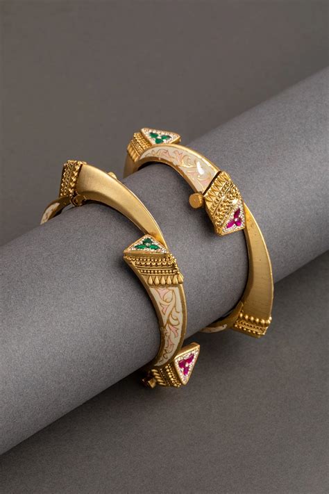 White & Pastel Pink Enameled Bangles Matt Gold Finish Openable Size 2 ...
