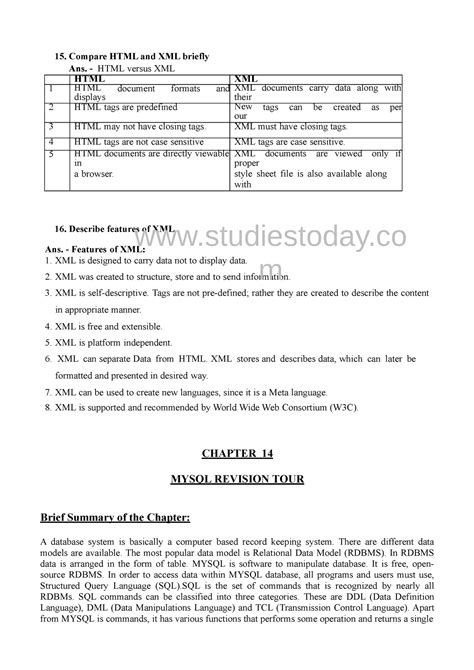 Mysql Revision - Compare HTML and XML briefly Ans. - HTML versus XML ...