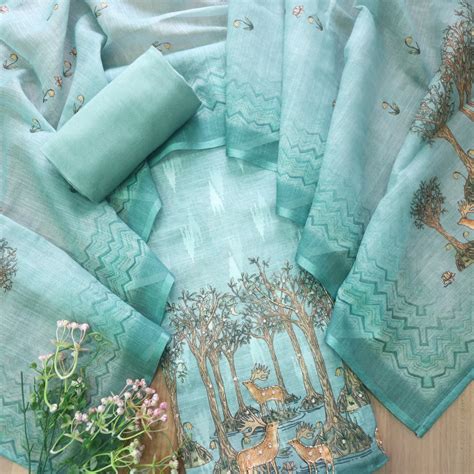 Aafeemi Sea Green Deer Print Hem with kardana in Ikkat Weaved Cotton L ...