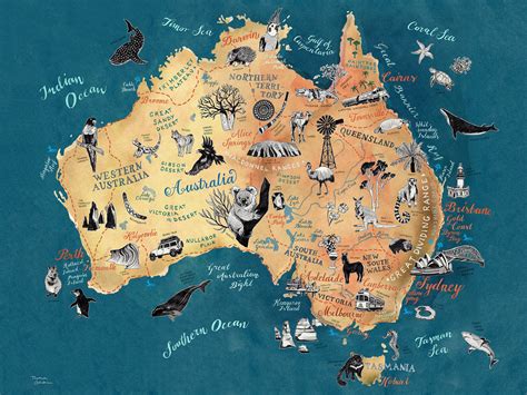 Australia Map, Australian Art Print, Illustrated Map, Aussie Travel Illustration Poster ...