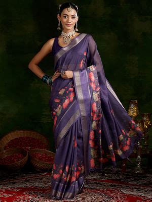 Buy Libas Purple Floral Printed Saree with Unstitched Blouse with ...