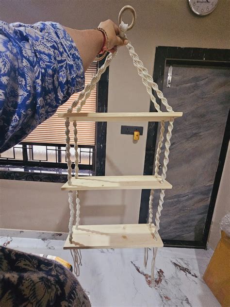 Decazone Macrame Wall Hanging 3-Tier Floating Shelves Natural Pine with ...