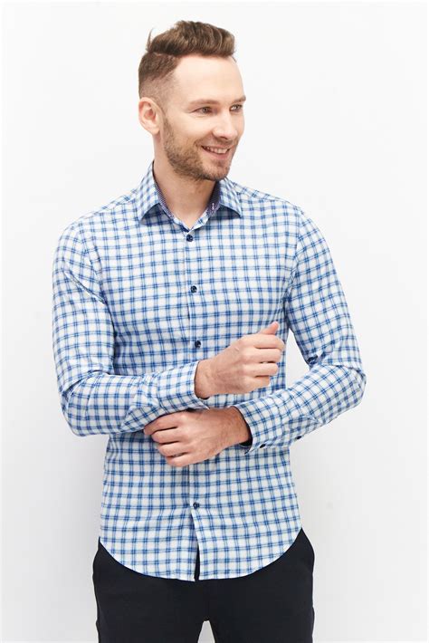 Buy ConStruct men slim fit plaid long sleeve dress shirts blue white ...