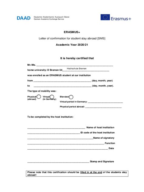 ERASMUS+ Student Stay Confirmation Letter - Blank Fillable Template ...