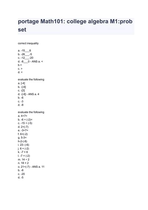 Portage Math 101 Learning college algebra M1:prob set to Statistics ...