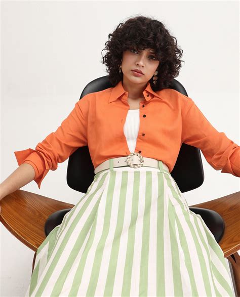 Rareism Women's Harper Orange Linen Spread Collar Plain Regular Fit To