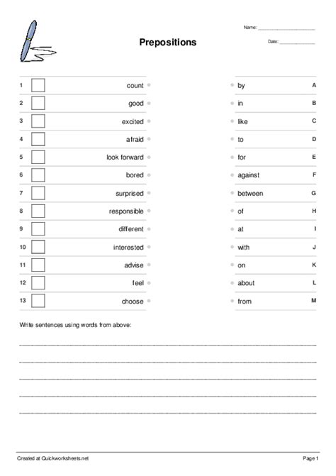 Image result for Preposition Matching Worksheet