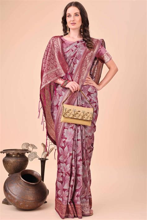 Wine Floral Zari Woven Cotton Blend Saree With Soft Tassel Edging