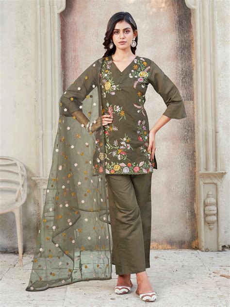 BROWN COLOR SILK BLEND WITH FLORAL THREAD EMBROIDERED V-NECK STRAIGHT