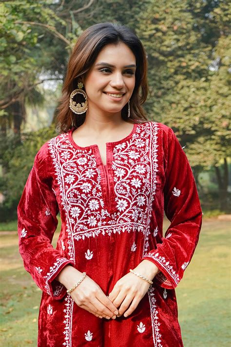 House Of Kari(Chikankari Clothing) - Velvet Chikankari Long Kurta in Maroon