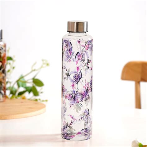 Leakproof Floral Glass Water Bottle With Stainless Steel Lid 1000ml ...