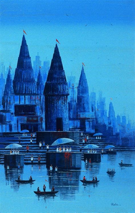 "Banaras Ghat": Blue Acrylic Painting (48x30) by Reba Mandal – ArtZolo.com