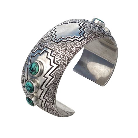Harvey Begay, Navajo Silver Hollow Form Bracelet with Six Turquoise ...
