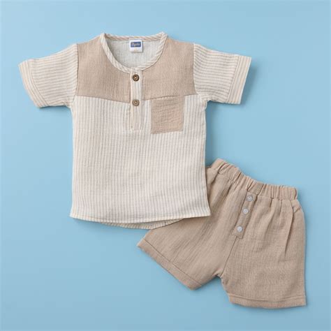 Pepito Boys’ Striped Cotton Shirt & Shorts Set – Beige & White Summer