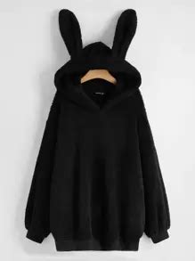 Flirla Plus Size Plush Cute Bunny Ear Lantern Sleeve Hem Fleece Long ...