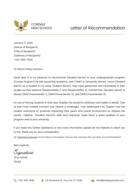 Personal Recommendation Letter For School