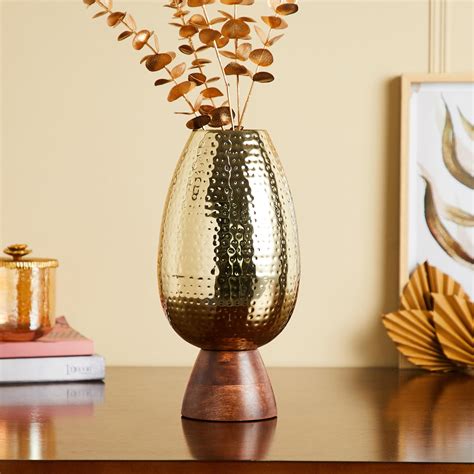Buy Gold Rush Metal Hammered Vase with Wooden Base from Home Centre at ...