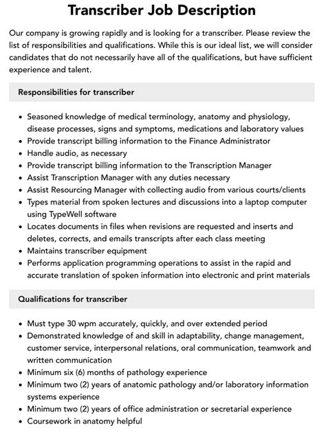 Image result for Transcriber Job Description