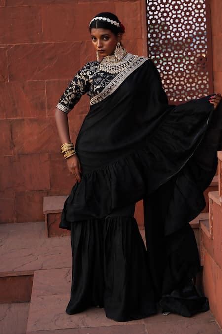 Buy Black , Silk, Uzma Zari Border Pre-draped Ruffle Saree With Blouse ...