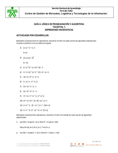 61 TALL Taller 1: Expresiones Matemáticas y Lógica de Programación ...