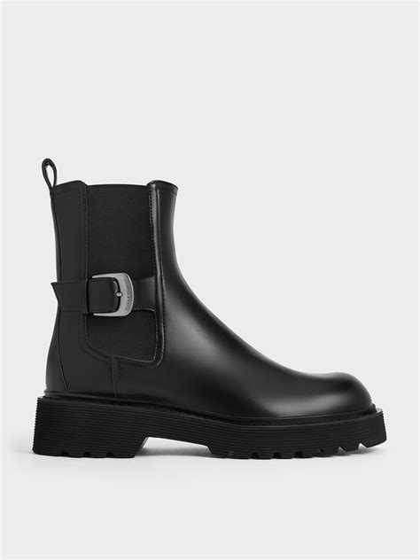Black Side-Buckle Ridged-Sole Chelsea Boots - Black - Shoes - CHARLES ...