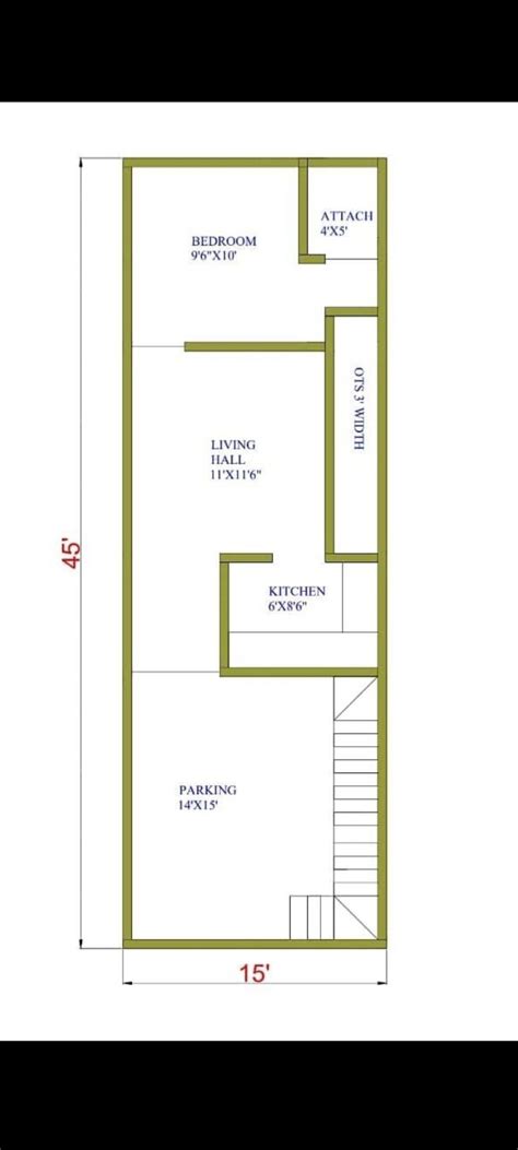 15x45 House Plan with Stairs to First Floor and Second Story
