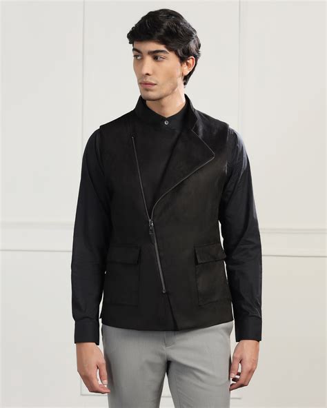 Buy Bandhgala Formal Black Solid Waistcoat from Blackberrys