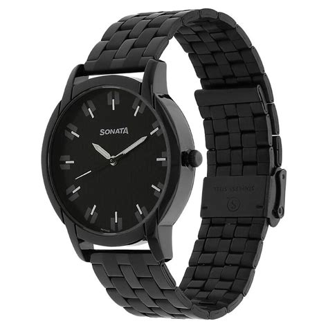 Buy Online Sonata Quartz Analog Black Dial Stainless Steel Strap Watch ...