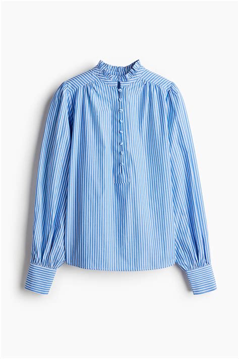 Ruffle-Collar Cotton Blouse - Blue/striped - Ladies | H&M US