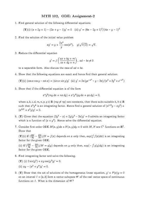 MTH 114 ODE Assignment 2: General Solutions & Integrating Factors - Studocu