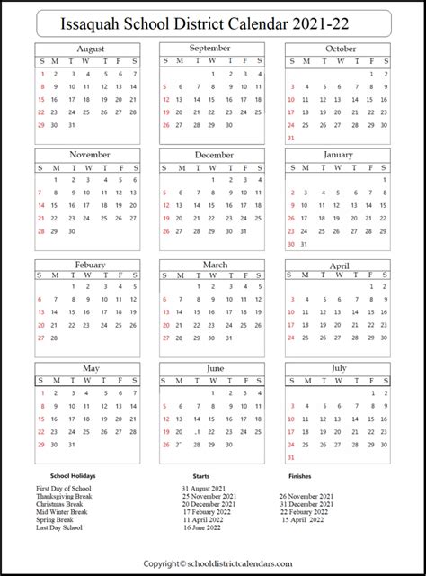 Issaquah School District Calendar 2021-22 School District Calendars