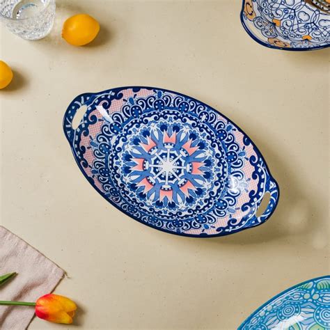 Buy Nestasia Ceramic Serving Platter with Handles | Blue Mandala Print ...