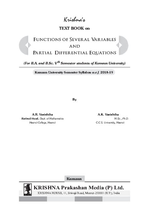 Functions of Several Variables & PDEs: M.Sc. Notes for V Sem (Kumaun ...