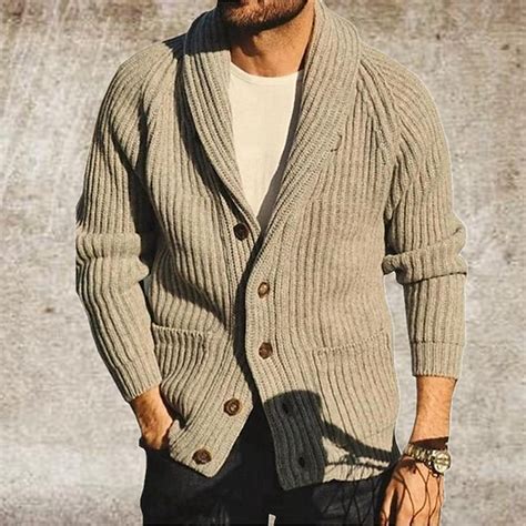 Men's Sweater Cardigan Sweater Knit Knitted Solid Color Shawl Collar ...