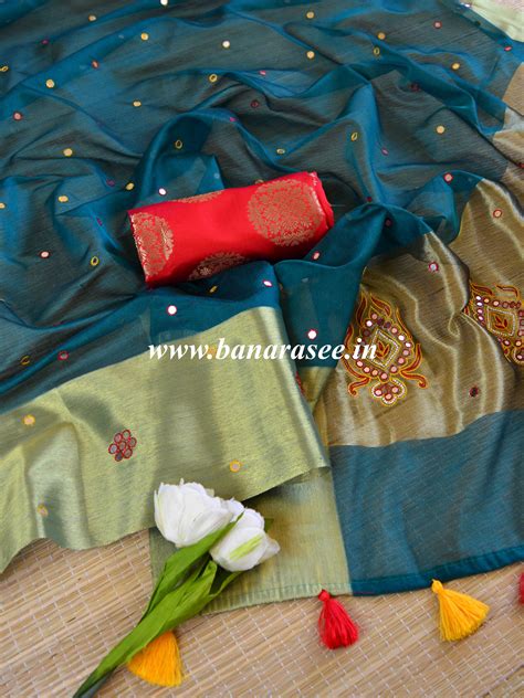 Banarasee Chanderi Cotton Saree With Embroidery Work & Zari Border-Gre