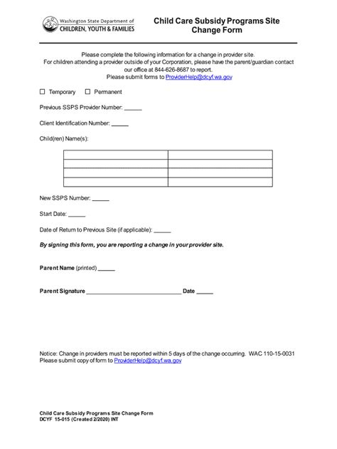 Fillable Online Child Care Subsidy Programs Site Change Form Fax Email ...