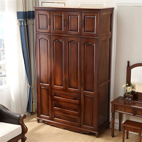 Traditional Rubberwood Wardrobe Armoire with 3 Drawers, Clothing Rod ...