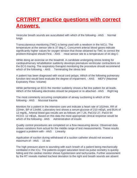 CRT/RRT practice questions with correct Answers. CRT/RRT practice ...
