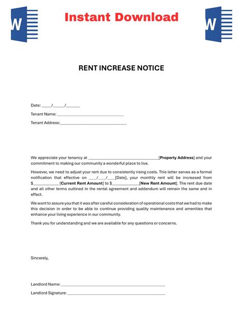 Rent Increase Form, Editable Notice of Rent, Rental Increase Notice ...