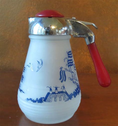 Blue Willow Frosted Glass Syrup Dispensers w/ Red Bakelite & Chrome Top ...